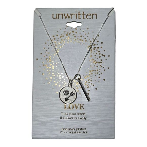 Unwritten Silver Plated Trust Your Heart Enamel Arrow Crystal Heart Bar Necklace - Picture 2 of 4